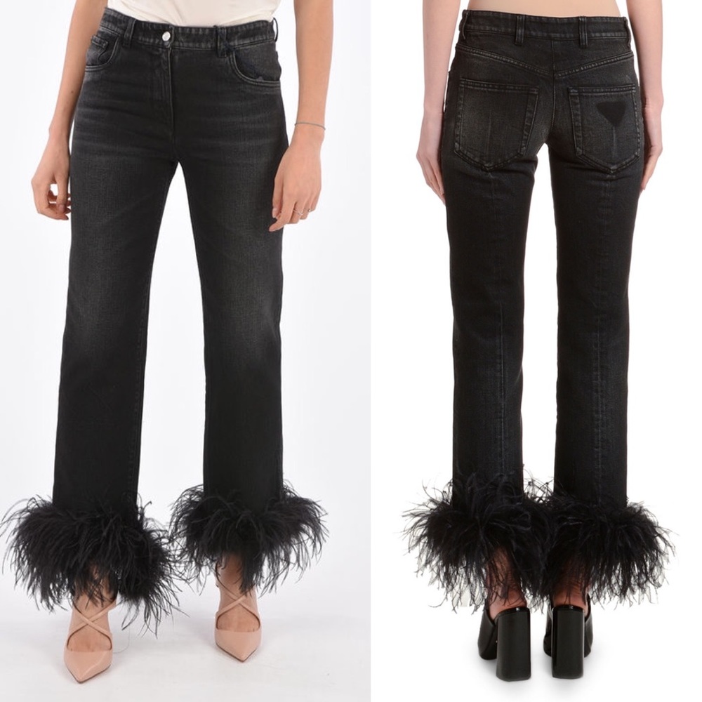 NWOT PRADA Ostrich Feather-Cuff Straight-Leg Jeans Black
